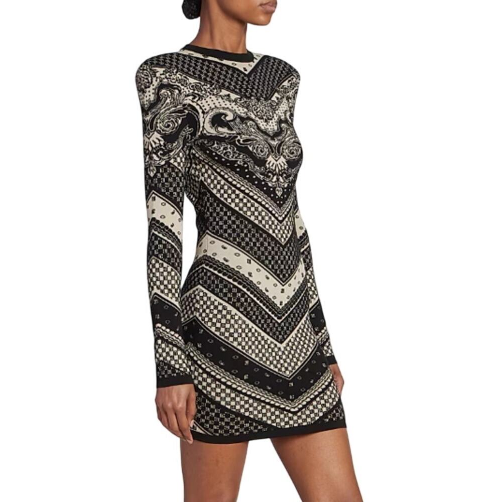 NWT Balmain Paris Paisley & Monogram Bodycon Mini Dress Black Ivory Size 40